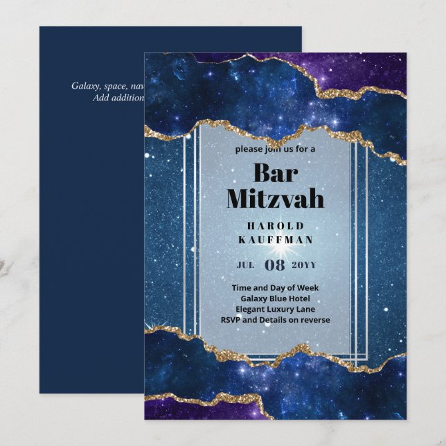 GALAXY Boys BAR MITVAH AGATE Blue Invitation (Devant / Derrière)