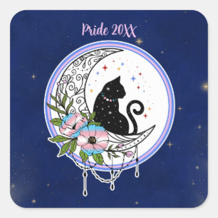 Galaxy Cat and Flowers in Transgender Flag Colours Square Sticker