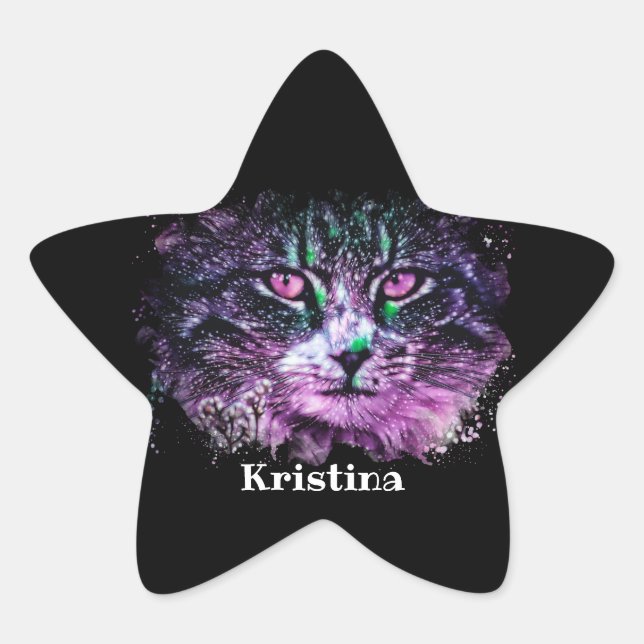 Galaxy Cat Black Purple Green Digital Watercolor Star Sticker (Front)