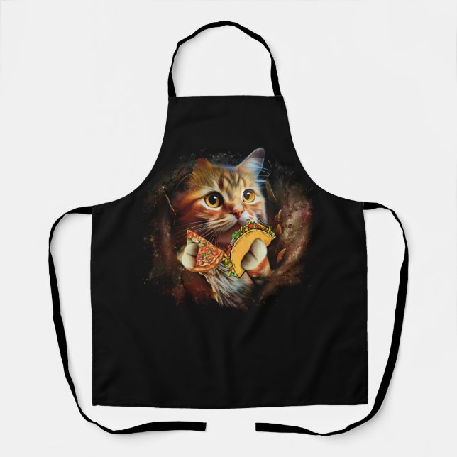 Galaxy Cat Funny Space Cat Eat Pizza and Taco Taco Apron (Front)