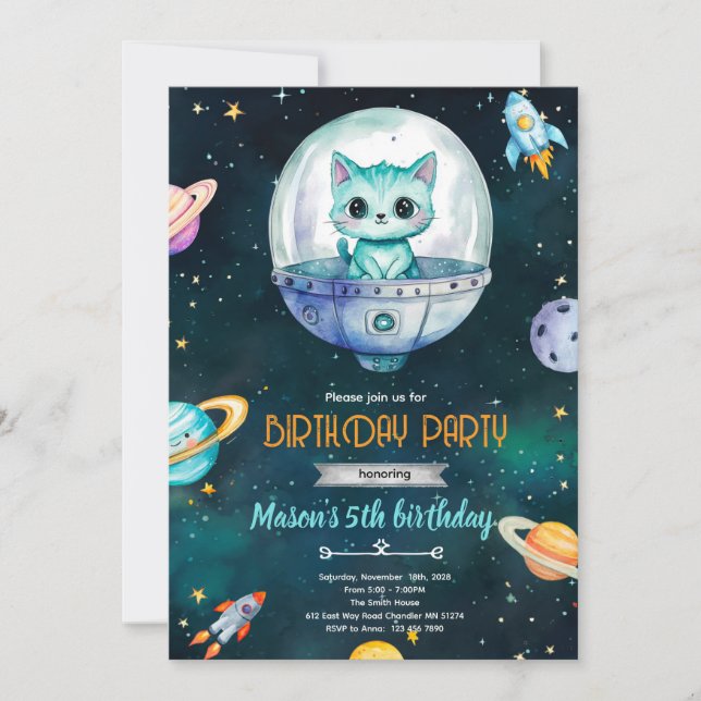 Galaxy cat kitten Birthday party Invitation (Front)