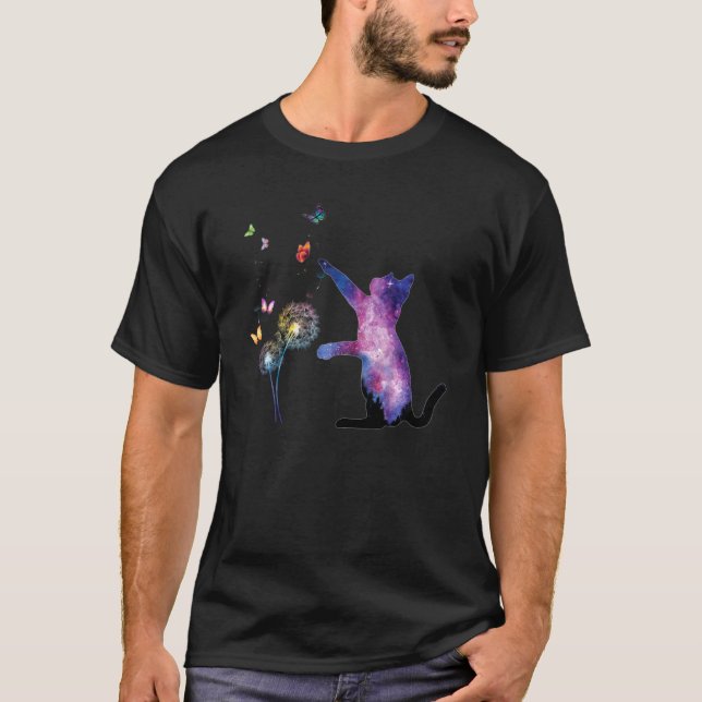 Galaxy Cat Outer Space Butterfly Universe Dandelio T-Shirt (Front)