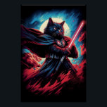 Galaxy Cat Swordsman Poster<br><div class="desc">The most feared lord in the galaxy is now the most adorable. This hilarious art print features a powerful feline Sith Lord, complete with the iconic helmet and a glowing red lightsaber, ready to conquer the galaxy... right after a quick nap. It's the perfect gift for fans of classic sci-fi...</div>
