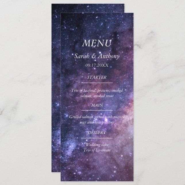 Galaxy Celestial Stars Night Sky Wedding Food  Menu (Front/Back)