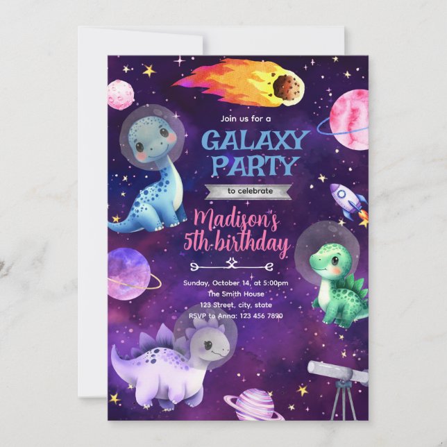 Galaxy dinosaur birthday party invitation (Front)