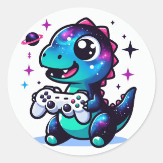 Galaxy Dinosaur with game controller Classic Round Sticker