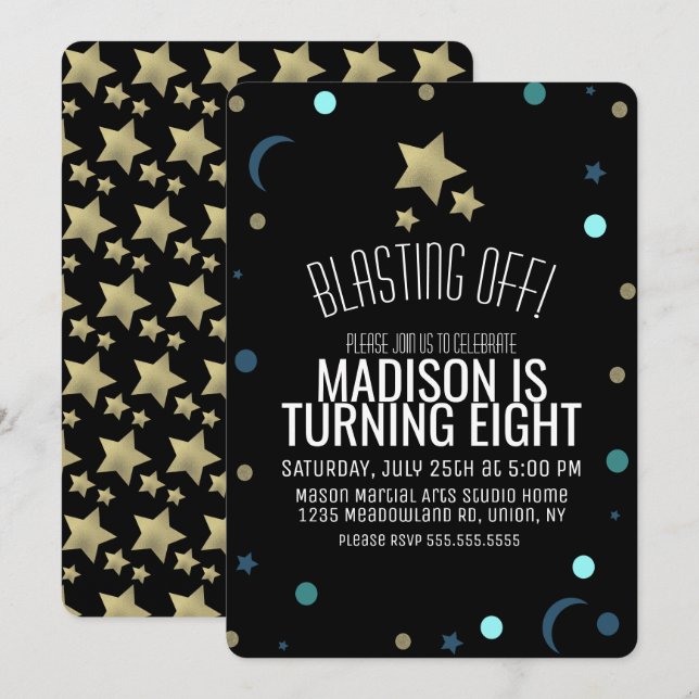 Galaxy Faux Gold Stars Confetti Space Birthday Invitation (Front/Back)