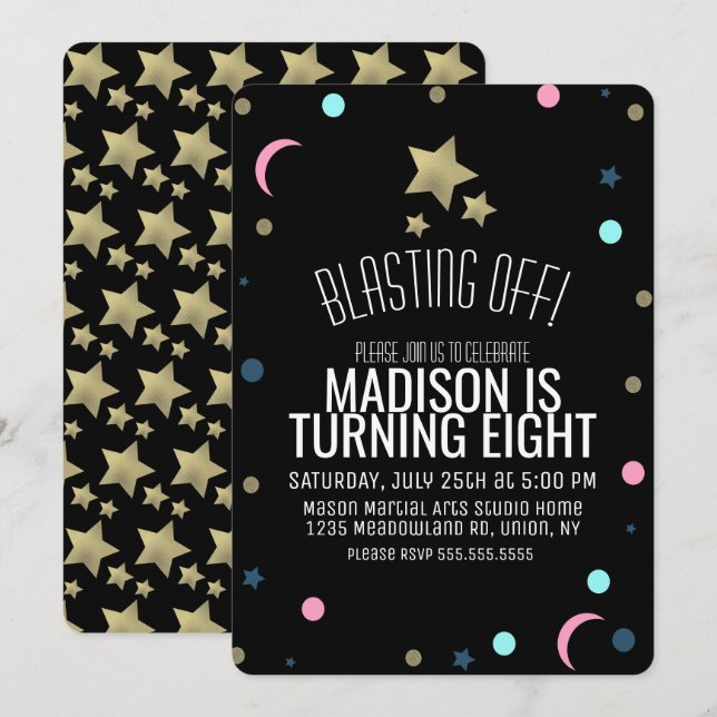 Galaxy Faux Gold Stars Confetti Space Birthday Invitation (Front/Back)