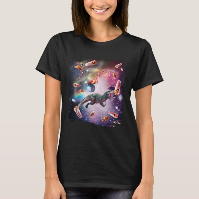 Galaxy Flamingo Riding Dinosaur In Space  Rainbow T-Shirt (Front)