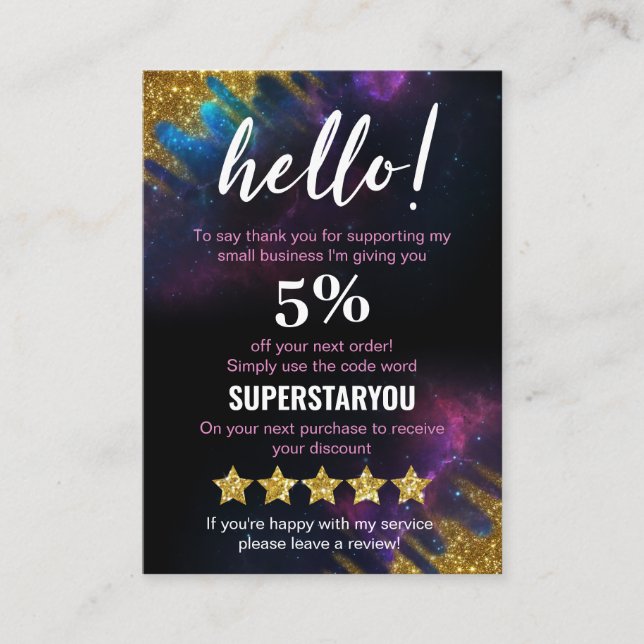 Galaxy Glitter Black Gold Discount Marketing Cards (Front)
