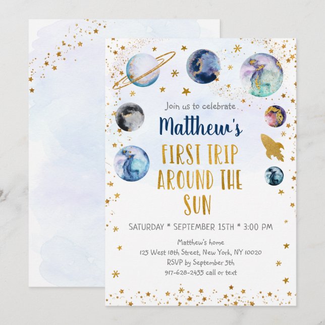 Galaxy Gold First Trip Around The Sun Birthday Invitation (Front/Back)