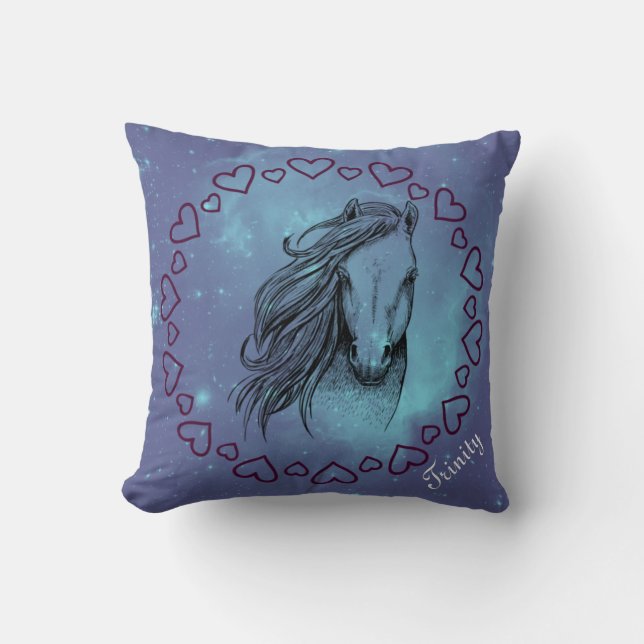Galaxy Horse & Hearts with Optional Name Throw Pillow (Front)