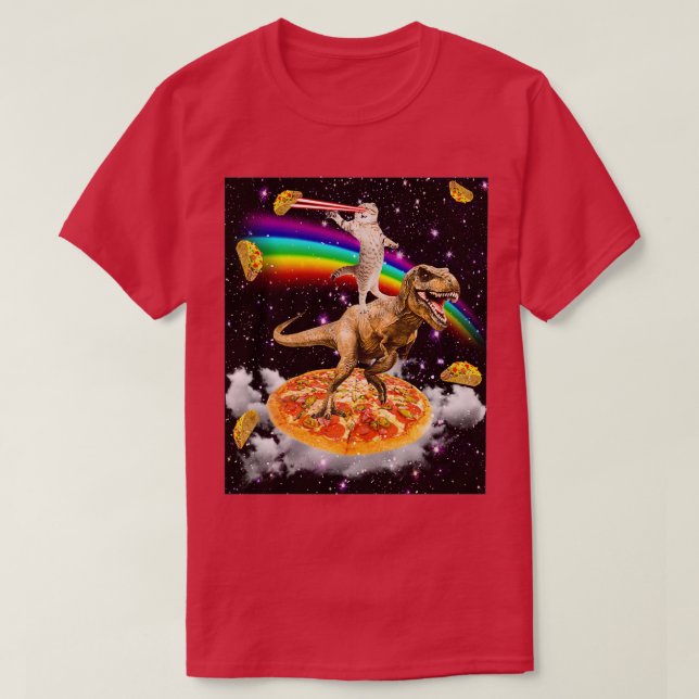 Galaxy Laser Eye Cat on Dinosaur on Pizza with Tac T-Shirt (Design Front)