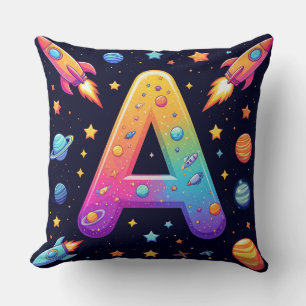 🪐 Galaxy Letter A Rockets Planets Stars Kids 🪐 Throw Pillow