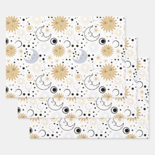 Galaxy Lover Starry Sky Sun Half Moon Sketch Style Wrapping Paper Sheet