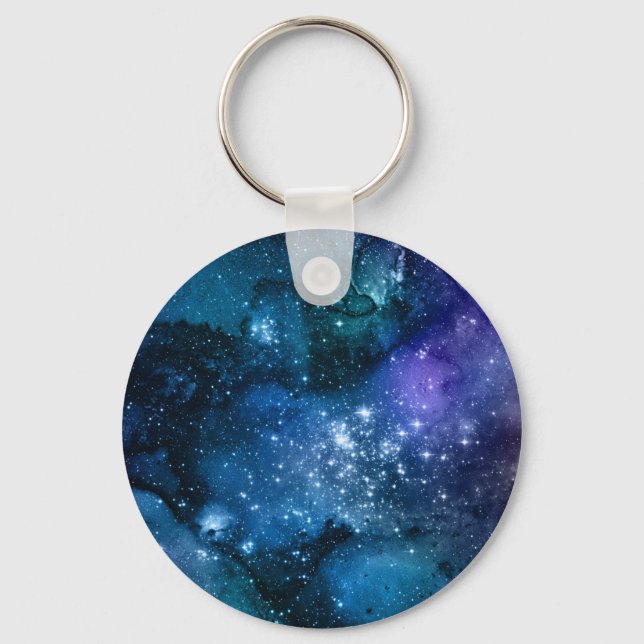 Galaxy Lovers Starry Space Blue Sky White Sparkles Keychain (Front)
