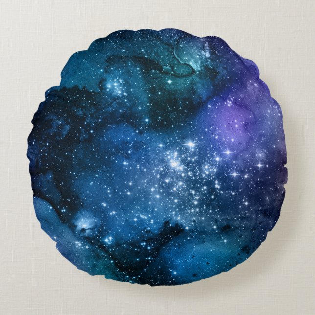 Galaxy Lovers Starry Space Blue Sky White Sparkles Round Pillow (Front)