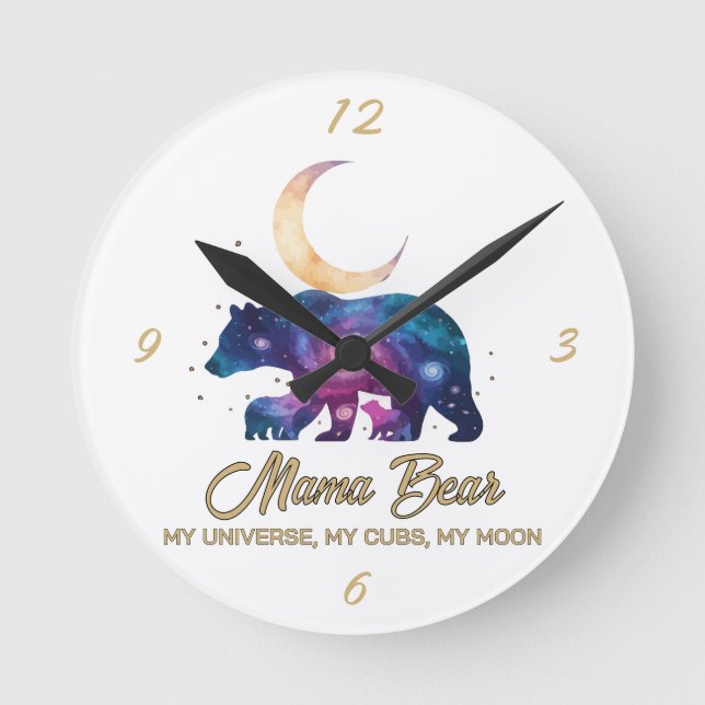 Galaxy Mama Bear & Cubs Moon Silhouette Round Clock (Front)
