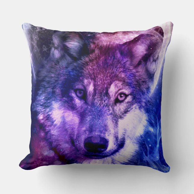 Galaxy Mystical Wolf Face With Full Moon Throw Pillow (Front)