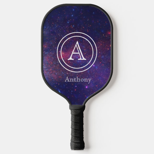 Galaxy Nebula Cool Navy Blue Monogram Custom  Pickleball Paddle (Front)