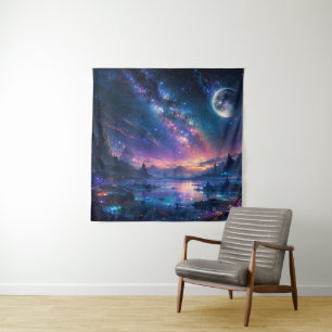 Galaxy Night Sky, Fantasy Lake Milky Way Purple Tapestry