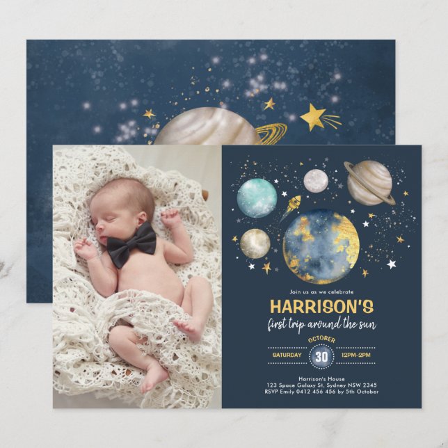 Galaxy Outer Space Moon Stars 1st Birthday Photo Invitation (Front/Back)