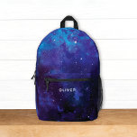 Galaxy Outer Space Universe w/ Name Kids Printed Backpack<br><div class="desc">This fun kids backpack design features a watercolor illustration of deep outer space in shades of dark blue, purple, and cyan. You can customize it with your child's name on the front. If you prefer not to include a name, then simply delete that text. It's a cool modern design for...</div>