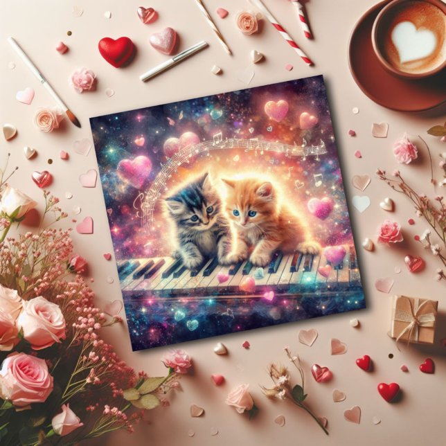 Galaxy Pastel Hearts Music Kittens Valentines Holiday Card (Creator Uploaded)