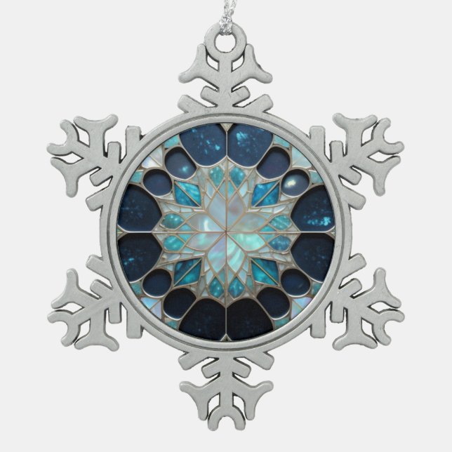 Galaxy pearl snowflakes inspired blue snowflake pewter christmas ornament (Front)