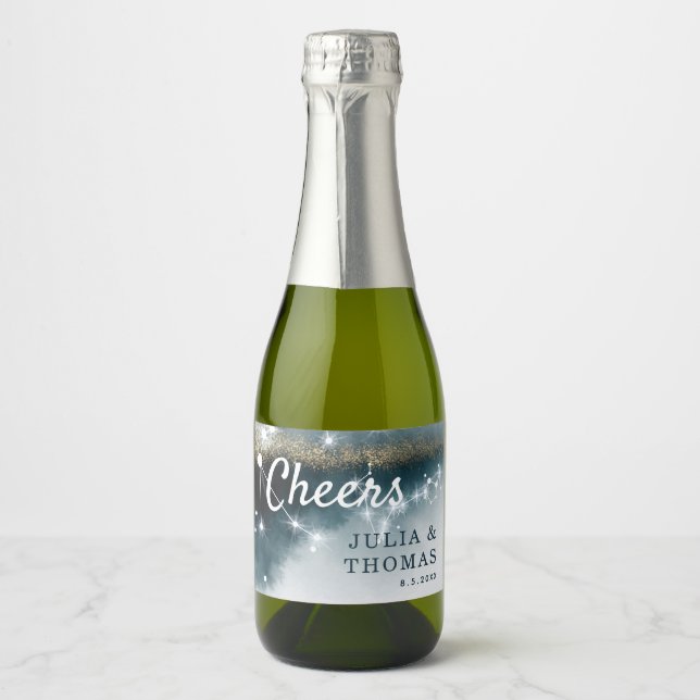 Galaxy Personalized Blue Gold Stars Wedding Sparkling Wine Label (Front)
