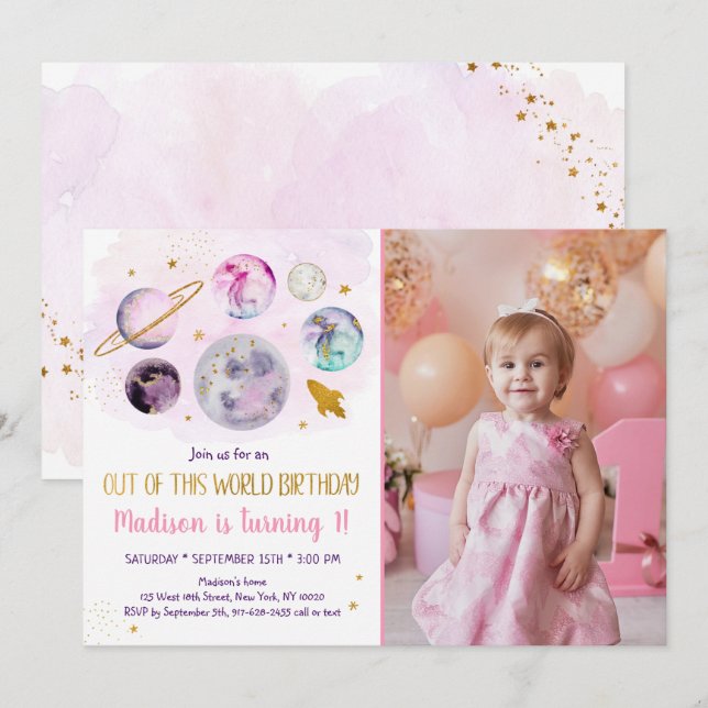 Galaxy Pink Gold Out Of This World Birthday Invita Invitation (Front/Back)