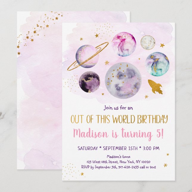 Galaxy Pink Gold Out Of This World Birthday Invitation (Front/Back)
