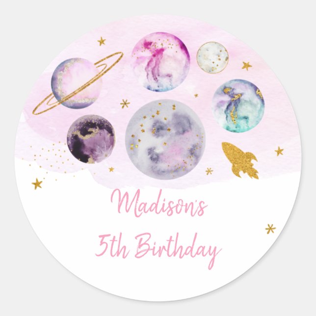 Galaxy Pink Gold Outer Space Birthday Classic Round Sticker (Front)