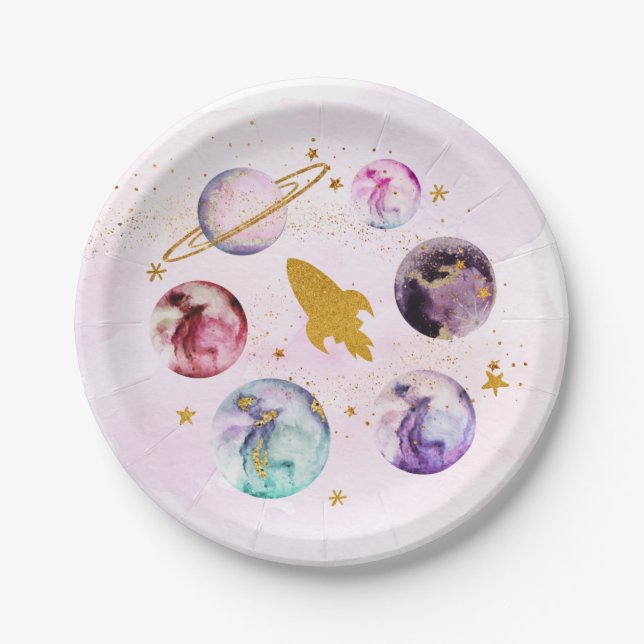 Galaxy Pink Gold Outer Space Birthday Paper Plate (Front)