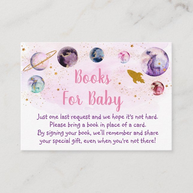 Galaxy Pink Gold Space Baby Shower Book Request Enclosure Card (Front)