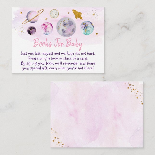 Galaxy Pink Gold Space Baby Shower Book Request Enclosure Card (Front/Back)