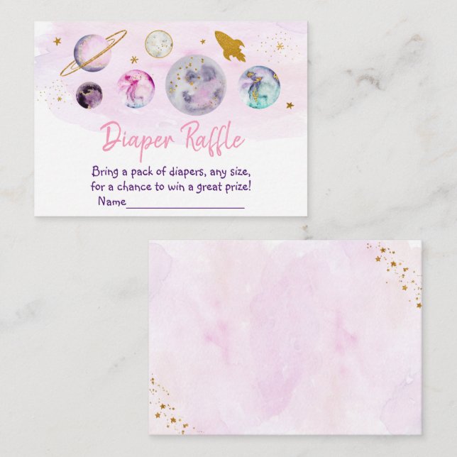 Galaxy Pink Gold Space Baby Shower Diaper Raffle Enclosure Card (Front/Back)