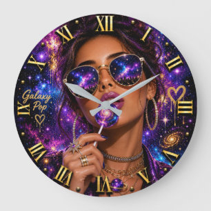 Galaxy Pop Art Cosmic Woman Portrait with lollipop Large Clock