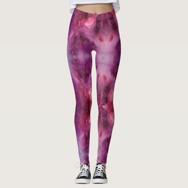 Galaxy Purple and Red Watercolor Leggings (Front)
