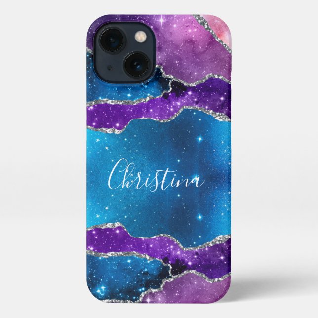 Galaxy Purple, Blue Marbled Agate & Silver Glitter iPhone Case (Back)