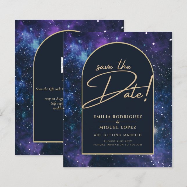 Galaxy Purple Blue Starry Night Wedding Save Date (Front/Back)