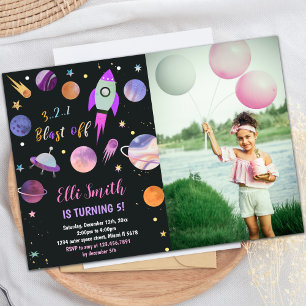 Galaxy Purple Planets Birthday Invitations w photo