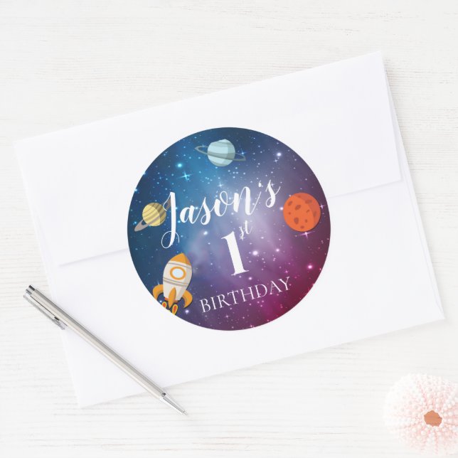 Galaxy Rocket Themed Kids 1st  Birthday Party Clas Classic Round Sticker (Envelope)