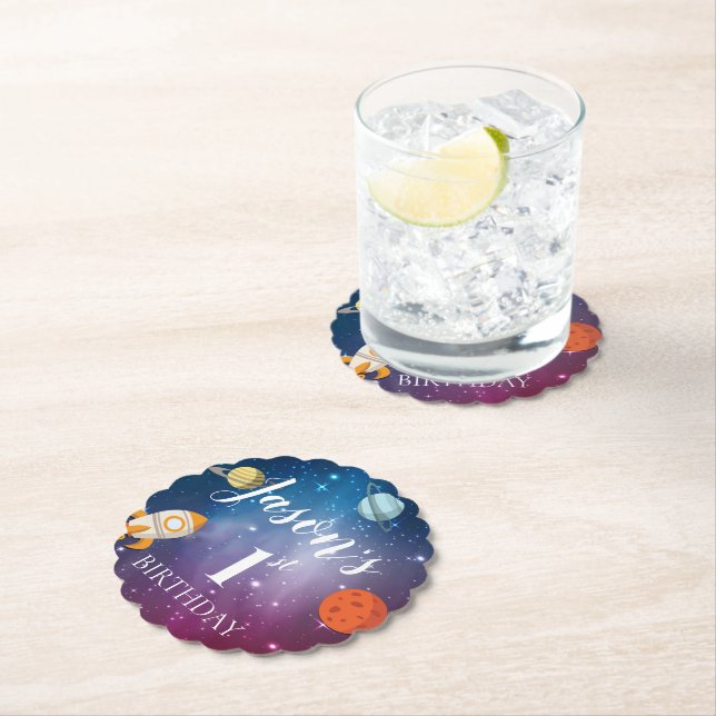 Galaxy Rocket Themed Kids 1st  Birthday Party Paper Coaster (Insitu)