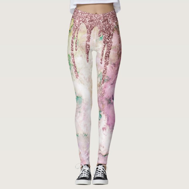 Galaxy Rose Gold Glitter Drips Elegant Design Leggings (Front)