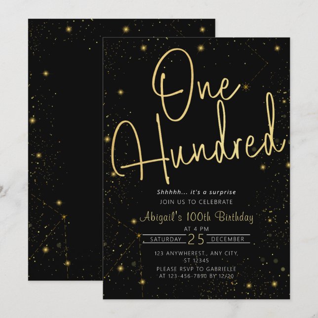 Galaxy Script Black and Gold 100th Birthday Party Invitation (Front/Back)