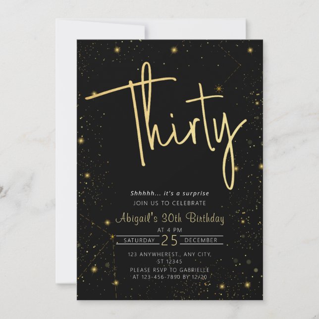Galaxy Script Black and Gold 30th Birthday Party Invitation (Front)