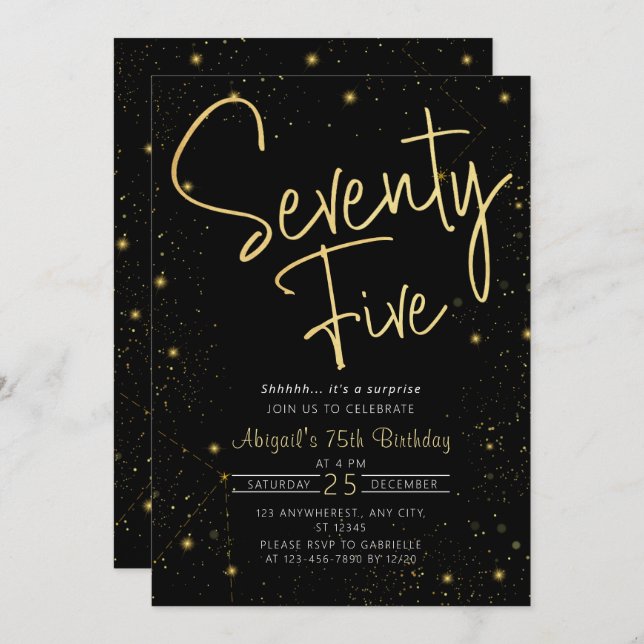 Galaxy Script Black and Gold 75th Birthday Party Invitation (Front/Back)