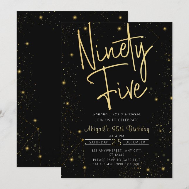 Galaxy Script Black and Gold 95th Birthday Party Invitation (Front/Back)