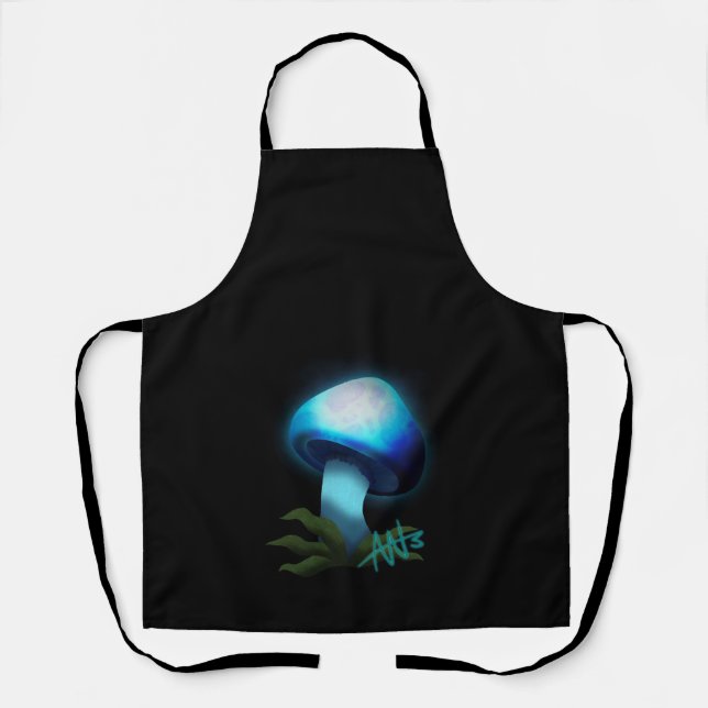Galaxy Shiitake Glowing Light Blue Mushroom Black Apron (Front)